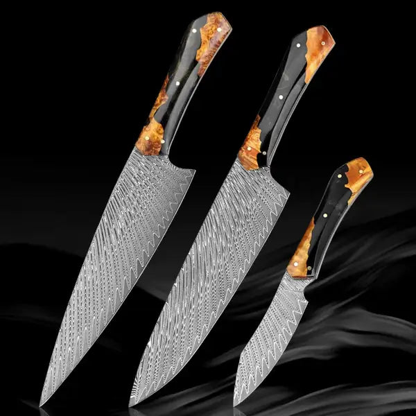 Damascus kitchen knives | Amber Edition | Razor-sharp-knives.com