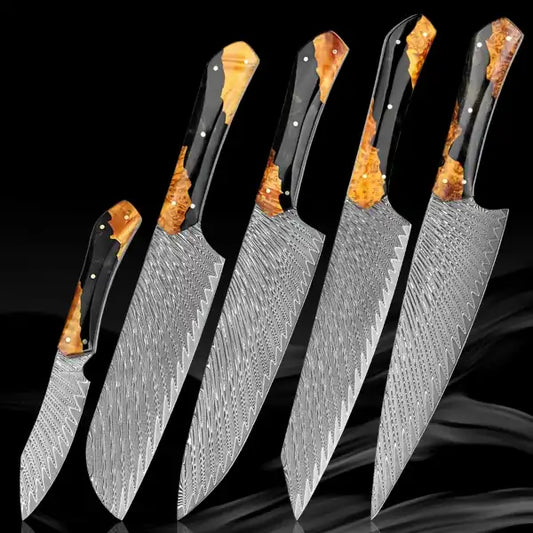 Damascus kitchen knives | Amber Edition | Razor-sharp-knives.com