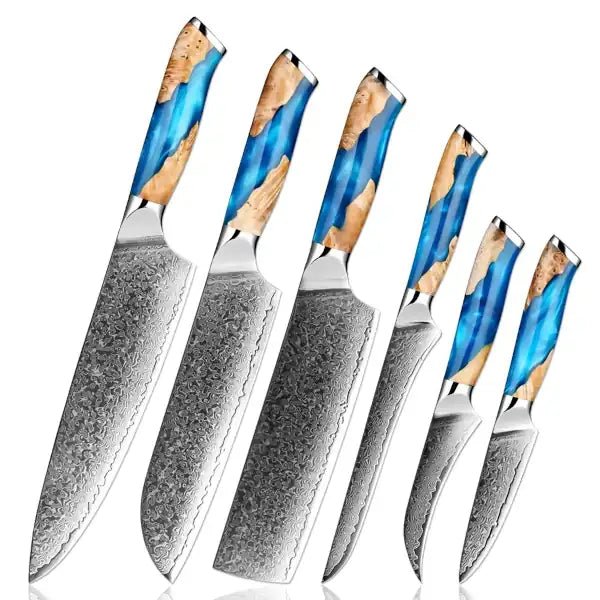 Damascus kitchen knives | Skyblue Edition | Razor - Sharp - Knives