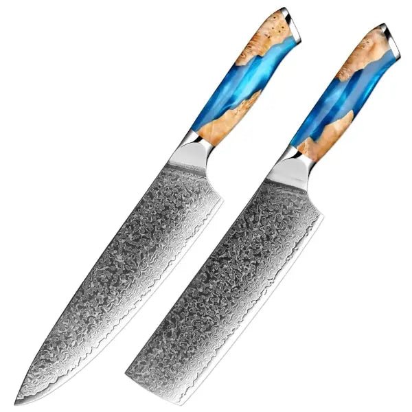 Damascus kitchen knives | Skyblue Edition | Razor - Sharp - Knives