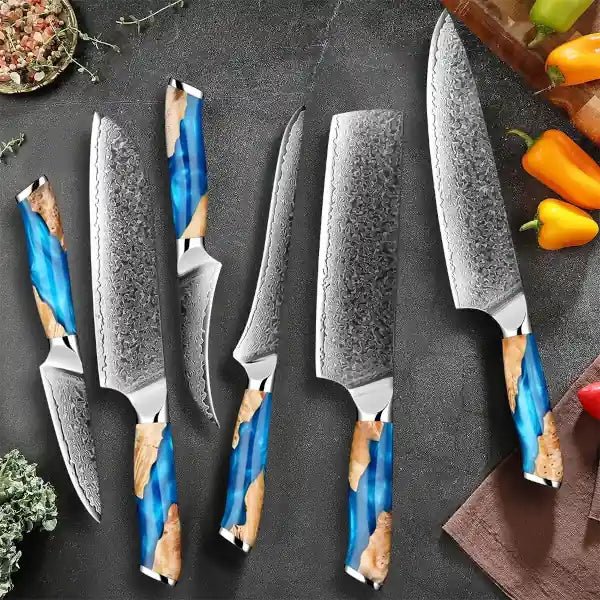 Damascus kitchen knives | Skyblue Edition | Razor - Sharp - Knives